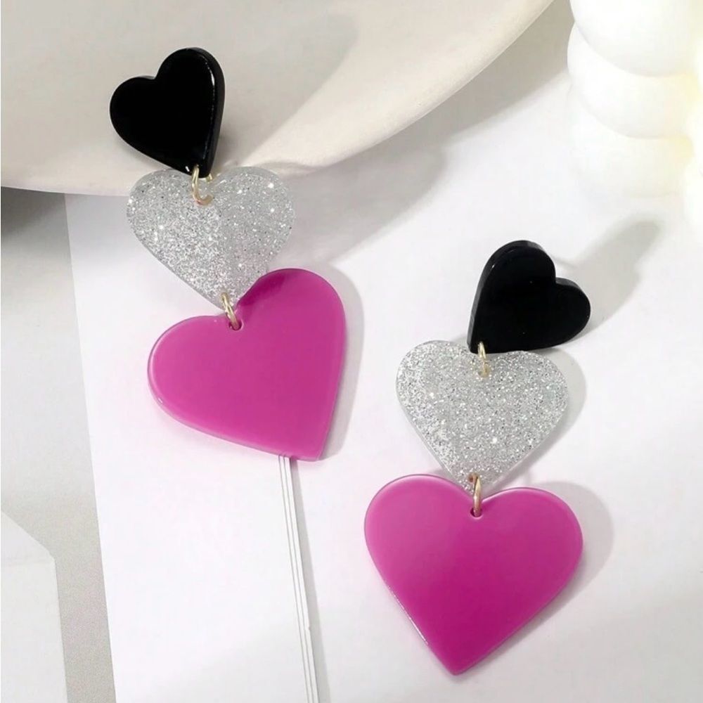 Black, Silver, and Pink Heart Drop Earrings - Picture 2 of 4